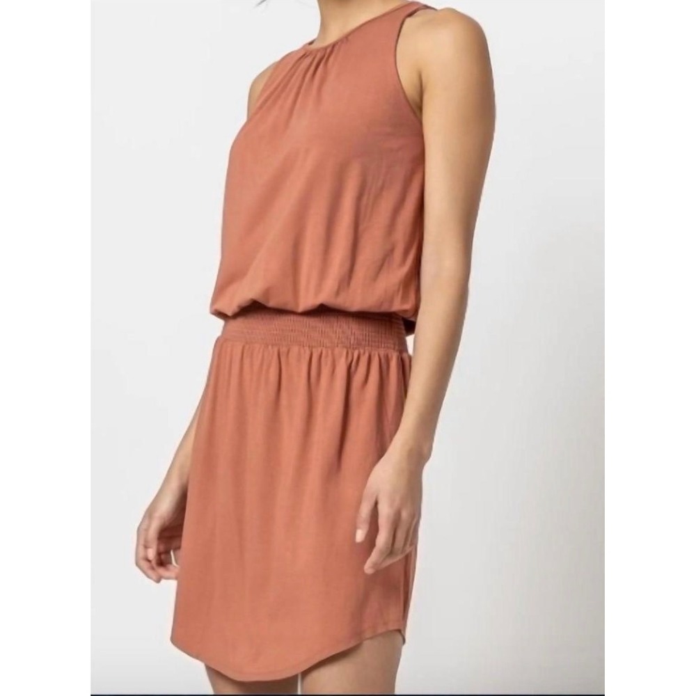 Lilla P Dress Womens Small Rust Sleeveless Smocked Waist Viscose Blend Crew Neck